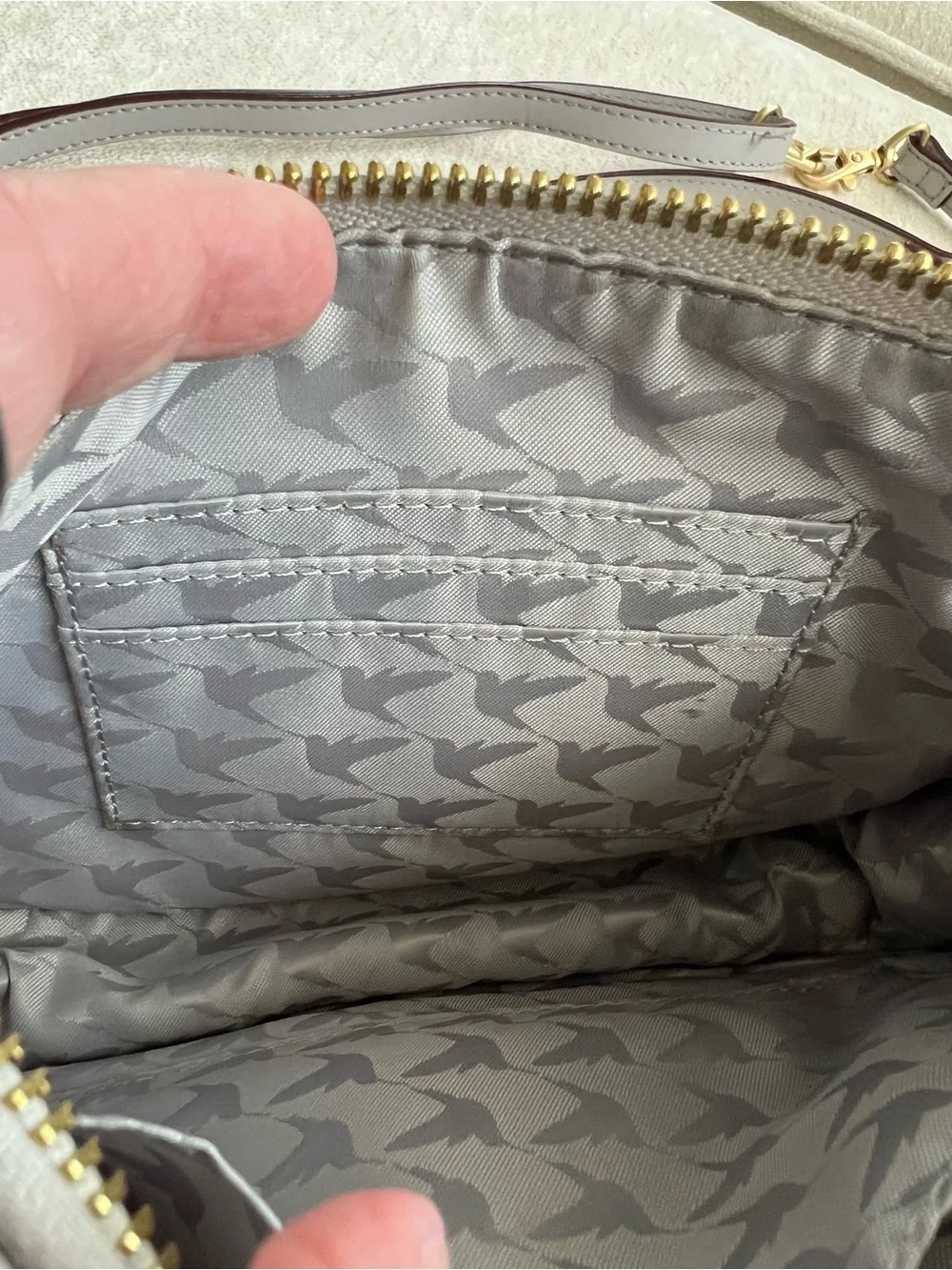 Lo & Sons Light Gray Leather Crossbody with Gold Hardware